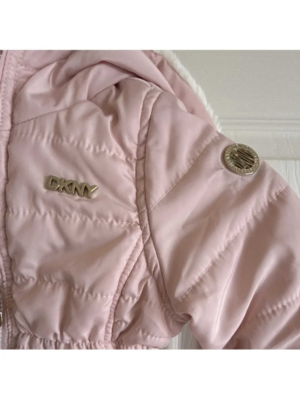 DKNY Girls Light Pink Faux-Fur Lined Puffer Jacket